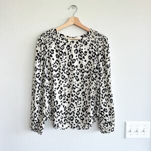 Peyton Jensen Leopard Print Smocked Shoulder Long Sleeve Blouse Cream/Black M